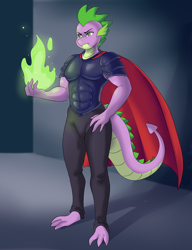 Size: 920x1200 | Tagged: safe, artist:thebrokencog, spike, anthro, plantigrade anthro, armor, cape, clothes, commission, fire, male, older, older spike, solo