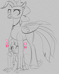 Size: 553x693 | Tagged: safe, artist:cosmonaut, derpibooru import, sweetie belle, terramar, hippogriff, female, heart, male, monochrome, older, shipping, size difference, straight, tall, terrabelle