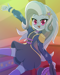 Size: 1000x1250 | Tagged: safe, artist:rockset, trixie, equestria girls, equestria girls series, street magic with trixie, spoiler:eqg series (season 2), barrette, blurry background, clothes, cute, diatrixes, dressing, epaulettes, hairclip, hairpin, hat, jacket, looking at you, open mouth, smiling, socks, solo, stockings, thigh highs, top hat, zettai ryouiki