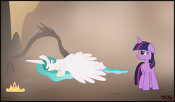 Size: 1728x1008 | Tagged: safe, artist:toxic-mario, princess celestia, twilight sparkle, unicorn twilight, alicorn, pony, unicorn, bad end, crossover, crying, dead, deadlestia, duo, duo female, female, mare, sad, scene interpretation, the lion king