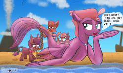 Size: 1667x1000 | Tagged: safe, artist:cosmonaut, derpibooru import, oc, oc only, oc:open book, oc:skye, oc:slipstream, oc:turnip, abyssinian, classical hippogriff, donkey, hippogriff, seapony (g4), unicorn, beach, rope, size difference, volcano