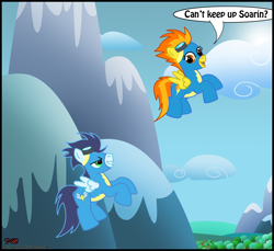 Size: 1486x1360 | Tagged: safe, artist:toxic-mario, soarin', spitfire, pegasus, pony, duo, female, flying, male, mare, mountain, stallion, wonderbolts