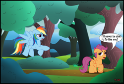 Size: 1824x1247 | Tagged: safe, artist:toxic-mario, rainbow dash, scootaloo, pegasus, pony, disabled, duo, duo female, female, filly, forest, mare, sad