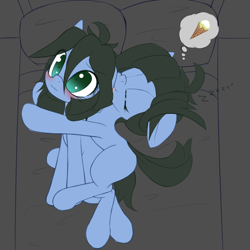 Size: 1280x1280 | Tagged: safe, artist:an-m, oc, oc only, oc:abstract module, oc:reflect decrypt, earth pony, pony, 3:, :p, bed, blushing, dream, female, floppy ears, food, hug, ice cream, ice cream cone, licking, mare, mlem, on side, scrunchy face, silly, sleeping, smiling, thought bubble, tongue out, twins, wavy mouth, wide eyes, zzz