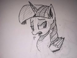 Size: 1030x773 | Tagged: safe, artist:post-it, twilight sparkle, twilight sparkle (alicorn), alicorn, pony, bust, female, ink drawing, inktober, lidded eyes, looking away, mare, monochrome, open mouth, simple background, sketch, solo, traditional art, white background