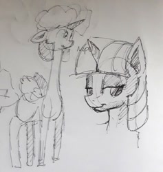 Size: 773x816 | Tagged: safe, artist:post-it, twilight sparkle, twilight sparkle (alicorn), alicorn, pony, unicorn, bust, duo, engineer, exploitable meme, female, floppy ears, ink drawing, inktober, long neck, looking at you, mare, meme, monochrome, nope, nope.avi, simple background, sketch, smiling, team fortress 2, traditional art, white background
