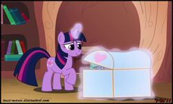 Size: 1589x959 | Tagged: safe, artist:toxic-mario, smarty pants, twilight sparkle, unicorn twilight, pony, unicorn, book, chest, female, golden oaks library, library, magic, mare, solo