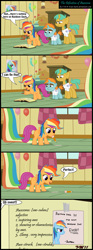 Size: 1330x3566 | Tagged: safe, artist:toxic-mario, rainbow dash, scootaloo, snails, snips, pegasus, pony, unicorn, clubhouse, colt, comic, crusaders clubhouse, dictionary, female, filly, male, pencil, photoshop, rainbow wig, wig