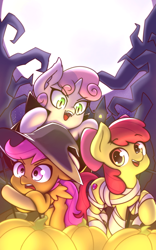 Size: 2500x4000 | Tagged: safe, artist:rockset, apple bloom, scootaloo, sweetie belle, earth pony, pegasus, pony, undead, unicorn, vampire, vampony, bow, clothes, costume, cutie mark crusaders, fangs, female, filly, full moon, hair bow, halloween, hat, holiday, moon, mummy, open mouth, pumpkin, trio, witch, witch hat