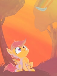 Size: 1500x2000 | Tagged: safe, artist:spanish-scoot, scootaloo, pegasus, pony, feather, female, filly, happy, looking up, paint tool sai, sitting, solo, tree