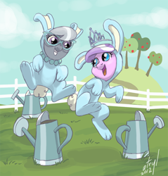 Size: 622x650 | Tagged: safe, artist:atryl, diamond tiara, silver spoon, earth pony, pony, bunny costume, clothes, cute, diamondbetes, duo, female, fence, filly, glasses, grin, jumping, open mouth, smiling, watering can