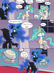 Size: 2000x2700 | Tagged: safe, artist:skitter, nightmare moon, princess celestia, alicorn, pony, armor, cake, cakelestia, comic, cutie mark, dialogue, fangs, female, fetish, food, food transformation, gem, glowing horn, hooves, horn, inanimate tf, jewelry, levitation, magic, mare, moon, open mouth, regalia, solo, speech bubble, spread wings, stars, telekinesis, tiara, transformation, vore, window, wings