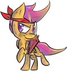 Size: 1000x1053 | Tagged: safe, artist:spanish-scoot, scootaloo, pegasus, pony, bandana, clothes, female, filly, injured, simple background, solo, sweat, white background