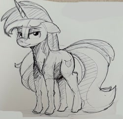 Size: 1221x1175 | Tagged: safe, artist:post-it, lyra heartstrings, pony, unicorn, female, floppy ears, ink drawing, lidded eyes, looking at you, mare, simple background, sketch, smiling, solo, traditional art, white background