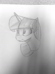 Size: 1280x1707 | Tagged: safe, artist:post-it, twilight sparkle, pony, bust, female, mare, pencil drawing, simple background, sketch, smiling, solo, traditional art, white background