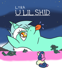 Size: 855x1009 | Tagged: safe, artist:jargon scott, bon bon, lyra heartstrings, sweetie drops, earth pony, pony, unicorn, :p, bipedal, both cutie marks, clone, crossover, end of evangelion, female, l.u.l.s., mare, neon genesis evangelion, on back, parody, raspberry, shid, silly, sitting, size difference, smiling, t pose, tongue out, u lil shid, vulgar, wide eyes