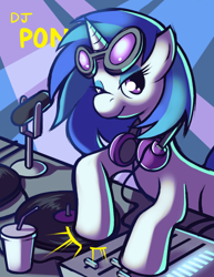 Size: 680x880 | Tagged: safe, artist:karzahnii, dj pon-3, vinyl scratch, pony, unicorn, drink, eyeshadow, female, headphones, looking at you, makeup, mare, microphone, mixing console, solo, turntable