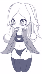 Size: 1800x3200 | Tagged: safe, artist:an-m, oc, oc only, oc:snowdrop, human, belly button, bra, cat lingerie, clothes, crop top bra, cute, female, frilly underwear, grayscale, humanized, jacket, lingerie, monochrome, panties, side knot underwear, socks, solo, underwear, wide hips