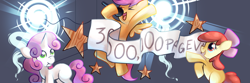 Size: 1500x500 | Tagged: safe, artist:karzahnii, apple bloom, scootaloo, sweetie belle, earth pony, pegasus, pony, unicorn, banner, brony history, celebration, cutie mark crusaders, equestria daily, female, filly, microphone, mouth hold, singing, stars, trio, trio female