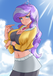 Size: 626x900 | Tagged: safe, artist:thebrokencog, diamond tiara, human, equestria girls, arm under breasts, belly button, breasts, cleavage, clothes, compression shorts, diamond titiara, female, human coloration, humanized, leggings, looking at you, midriff, miniskirt, older, older diamond tiara, seductive pose, sexy, skirt, smiling, solo, stupid sexy diamond tiara