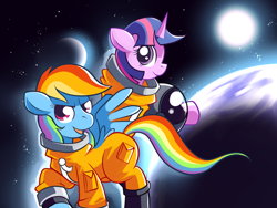 Size: 1520x1140 | Tagged: safe, artist:karzahnii, rainbow dash, twilight sparkle, unicorn twilight, pegasus, pony, unicorn, astrodash, astronaut, clothes, female, mare, photoshop, science fiction, space, spacesuit, stars