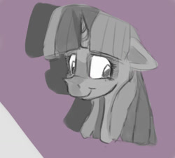 Size: 1280x1154 | Tagged: safe, artist:post-it, twilight sparkle, pony, black and white, bust, digital art, female, floppy ears, grayscale, looking away, mare, monochrome, partial color, smiling, solo