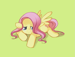 Size: 921x691 | Tagged: safe, artist:karzahnii, fluttershy, pegasus, pony, crying, female, floppy ears, looking at you, lying down, mare, prone, sad, simple background, solo, spread wings, tear streaks