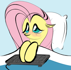 Size: 978x959 | Tagged: safe, artist:hattsy, fluttershy, pegasus, pony, bed, bedsheets, cute, female, floppy ears, keyboard, lidded eyes, mare, pillow, raised hoof, red nosed, shyabetes, sick, solo