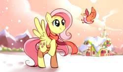 Size: 1024x600 | Tagged: safe, artist:karzahnii, fluttershy, bird, pegasus, pony, 12 days of christmas, clothes, female, fluttershy's cottage, mare, mountain, raised hoof, scarf, snow, snowfall, solo, twelve days of christmas, winter