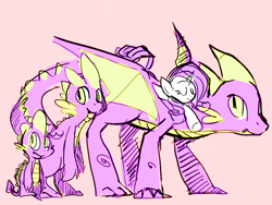 Size: 700x525 | Tagged: safe, artist:karzahnii, rarity, spike, dragon, pony, unicorn, adult, age progression, female, heartwarming in hindsight, hilarious in hindsight, male, mare, quadrupedal spike, shipping, simple background, sketch, sleeping, sparity, straight, teenage spike, winged spike