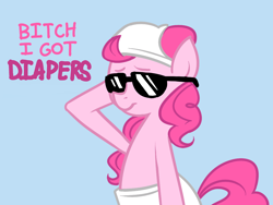 Size: 1024x768 | Tagged: safe, artist:karzahnii, pinkie pie, earth pony, pony, bipedal, diaper, diaper on head, female, mare, simple background, solo, sunglasses, vulgar