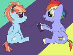 Size: 1350x1013 | Tagged: safe, artist:augjodo, bow hothoof, windy whistles, colored, couple, digital art, duo, headphones, music notes, rainbow dash's parents, sitting, technology