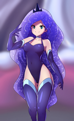 Size: 2200x3600 | Tagged: safe, artist:rockset, princess luna, human, adorasexy, beautiful, beautisexy, clothes, crown, cute, evening gloves, female, gloves, humanized, jewelry, leotard, long gloves, regalia, sexy, smiling, solo