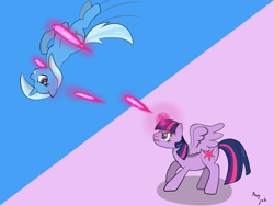 Size: 1500x1125 | Tagged: safe, artist:augjodo, trixie, twilight sparkle, twilight sparkle (alicorn), alicorn, pony, action pose, colored, digital art, dodge, duo, duo female, female, fight, laser, magic, mare