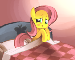 Size: 1152x921 | Tagged: safe, artist:karzahnii, fluttershy, pegasus, pony, bed, blushing, covering, cute, embarrassed, female, fluttershy sleeps naked, mare, pillow, shyabetes, solo, we don't normally wear clothes