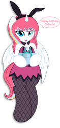 Size: 3792x8030 | Tagged: safe, artist:digiqrow, oc, oc only, oc:nekonin, alicorn, semi-anthro, alicorn oc, bunny ears, bunny suit, clothes, crossdressing, curved horn, cute, fishnets, horn, male, pantyhose, present, simple background, skirt, speech bubble, transparent background, trap