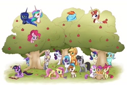 Size: 3400x2300 | Tagged: safe, artist:solar-slash, apple bloom, applejack, bon bon, derpy hooves, dinky hooves, dj pon-3, fluttershy, lyra heartstrings, octavia melody, pinkie pie, pipsqueak, princess celestia, princess luna, rainbow dash, rarity, scootaloo, sweetie belle, sweetie drops, trixie, twilight sparkle, unicorn twilight, vinyl scratch, oc, oc:fausticorn, alicorn, earth pony, pegasus, pony, unicorn, apple, apple tree, book, bow, colt, cutie mark crusaders, equestria's best mother, everypony, female, filly, flower, food, hair bow, hiding, high res, lauren faust, male, mane six, mare, paint tool sai, reading, sitting in a tree, spying, tree, tree stump