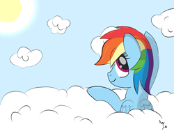 Size: 1500x1125 | Tagged: safe, artist:augjodo, rainbow dash, pegasus, pony, cloud, colored, digital art, female, looking back, mare, sky, solo, sun