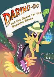 Size: 1437x2032 | Tagged: safe, artist:the-orator, daring do, crocodile, pegasus, pony, book cover, cover, female, hat, mare, photoshop, pith helmet, sapphire statue, vine, water