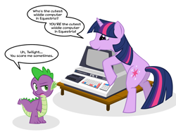 Size: 1600x1200 | Tagged: safe, artist:grilledcat, spike, twilight sparkle, unicorn twilight, dragon, pony, unicorn, commodore pet, computer, female, male, mare, photoshop, simple background