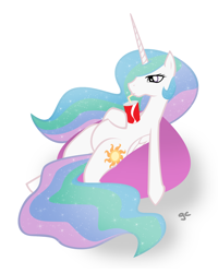 Size: 1200x1500 | Tagged: safe, artist:grilledcat, princess celestia, alicorn, pony, beanbag chair, featureless crotch, female, mare, on back, photoshop, relaxing, simple background, soda, solo