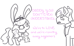 Size: 800x505 | Tagged: safe, artist:the weaver, angel bunny, diamond tiara, filthy rich, earth pony, pony, angeltiara, angry, bestiality, bunny ears, crack shipping, dialogue, female, filly, interspecies, male, running away, shipping, simple background, sketch, stallion, straight, text, white background