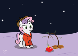 Size: 1000x720 | Tagged: safe, artist:grilledcat, sweetie belle, pony, unicorn, adobe imageready, christmas tree, clothes, female, filly, foal, hat, solo, tree