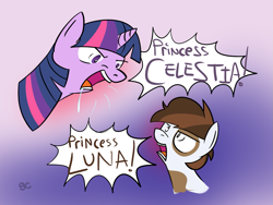 Size: 1145x860 | Tagged: safe, artist:grilledcat, pipsqueak, twilight sparkle, earth pony, pony, unicorn, argument, best princess, bust, colt, drool, drool string, female, gradient background, male, mare