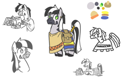 Size: 1254x801 | Tagged: safe, artist:jargon scott, oc, oc only, oc:zeta, zebra, bag, book, bust, c:, clothes, ear piercing, lying down, male, partial color, piercing, reading, reference sheet, simple background, sitting, sketch, sketch dump, smiling, solo, stallion, white background, zebra oc