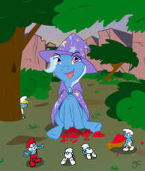 Size: 1213x1425 | Tagged: safe, artist:grilledcat, trixie, pony, unicorn, berry, crossover, female, mare, papa smurf, sitting, smurfette, smurfs, tree, worship