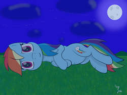 Size: 1500x1125 | Tagged: safe, artist:augjodo, rainbow dash, pegasus, pony, colored, digital art, female, looking at you, mare, moon, night, on side