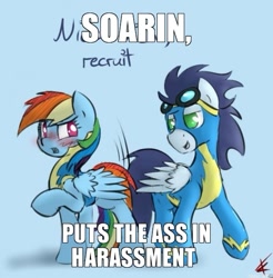 Size: 555x565 | Tagged: safe, artist:crade, edit, rainbow dash, soarin', pegasus, pony, butt fun, female, male, sexual harassment, shipping, soarindash, straight, text