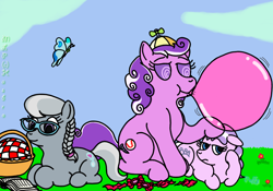 Size: 1280x896 | Tagged: safe, artist:puffydearlysmith, diamond tiara, screwball, silver spoon, butterfly, earth pony, pony, annoyed, book, bubblegum, female, filly, headcanon, mare, picnic, picnic basket, prone, reading, sisters, sitting