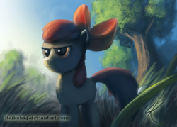 Size: 700x500 | Tagged: dead source, safe, artist:raikoh, apple bloom, earth pony, pony, female, filly, grass, photoshop, serious face, solo, tree